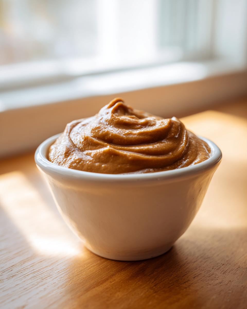 A small white bowl filled with thick, creamy, perfectly swirled peanut sauce, highlighted by natural light.