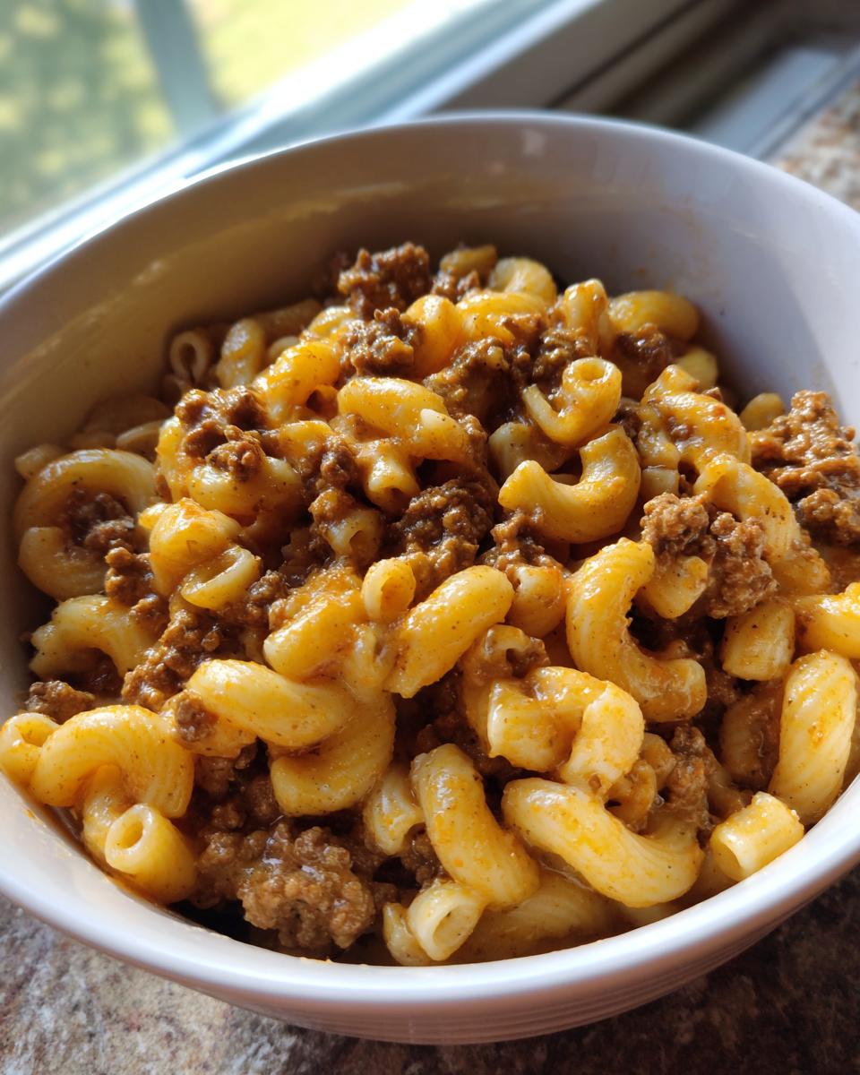 Close-up of a bowl filled with creamy beef and shells pasta, a comforting and hearty meal.