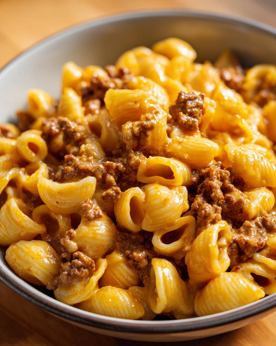 A close-up shot of a bowl filled with creamy beef and shells pasta, showcasing the rich sauce and seasoned ground beef.
