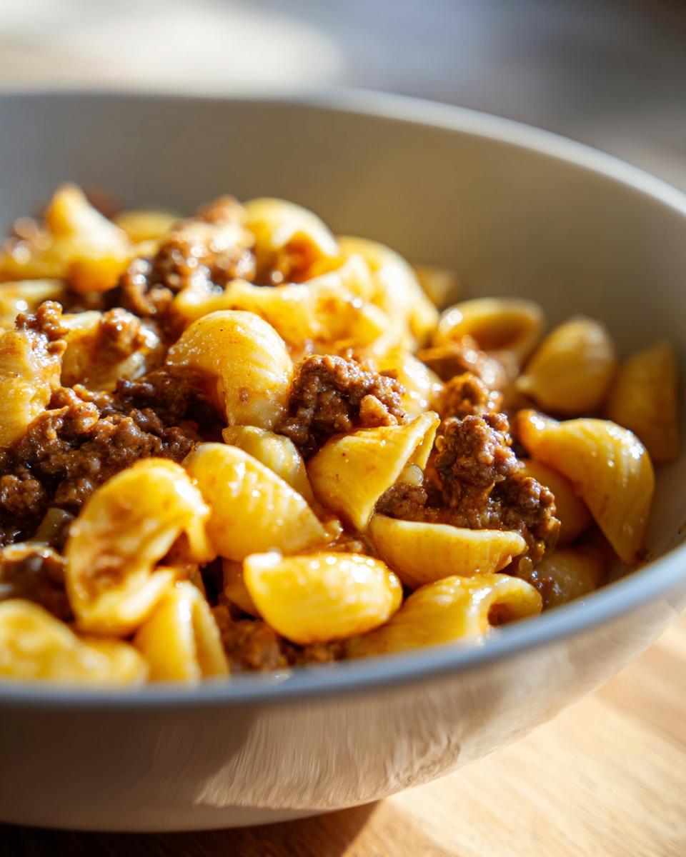 A close-up of a bowl filled with creamy beef and shells pasta, showcasing the rich sauce and tender pasta.