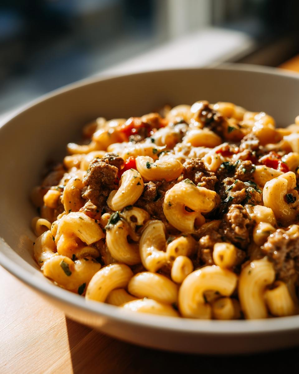 A close-up of a bowl filled with creamy beef and shells pasta, garnished with fresh herbs.