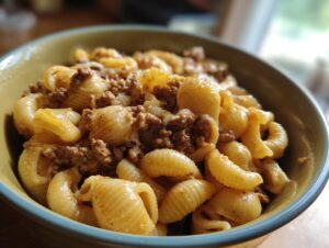 A close-up of a bowl filled with creamy beef and shells pasta, showing the texture of the pasta and ground beef.