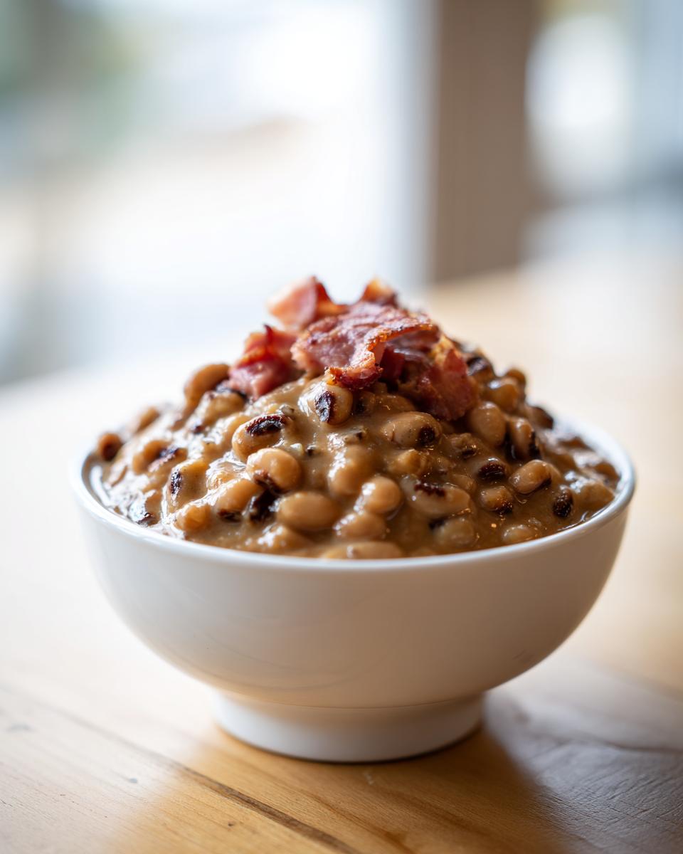 A white bowl filled with creamy black eyed peas garnished with crispy bacon pieces.