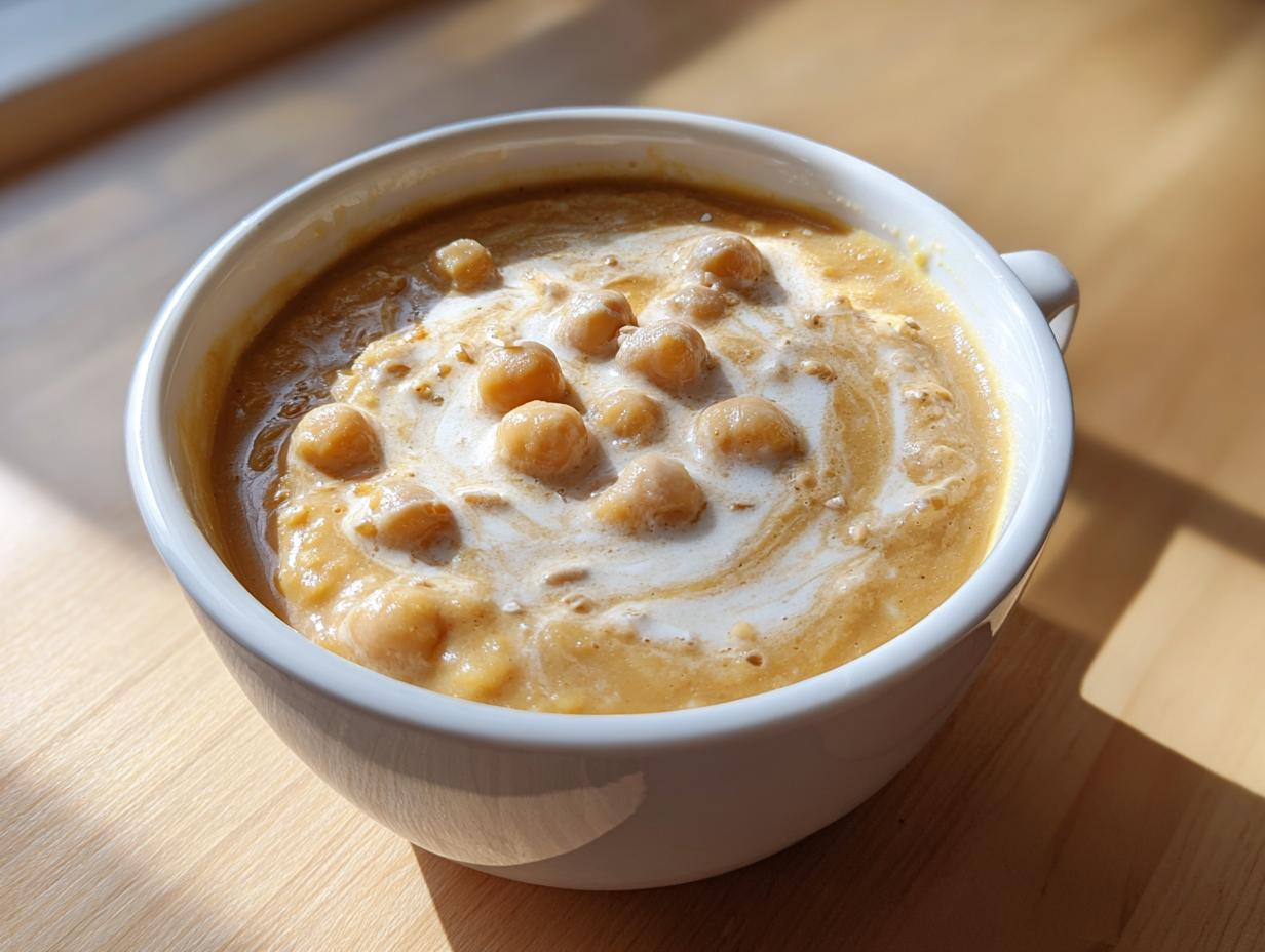 Close-up of a bowl of creamy, orange-hued chickpea soup garnished with whole chickpeas and a swirl of cream.