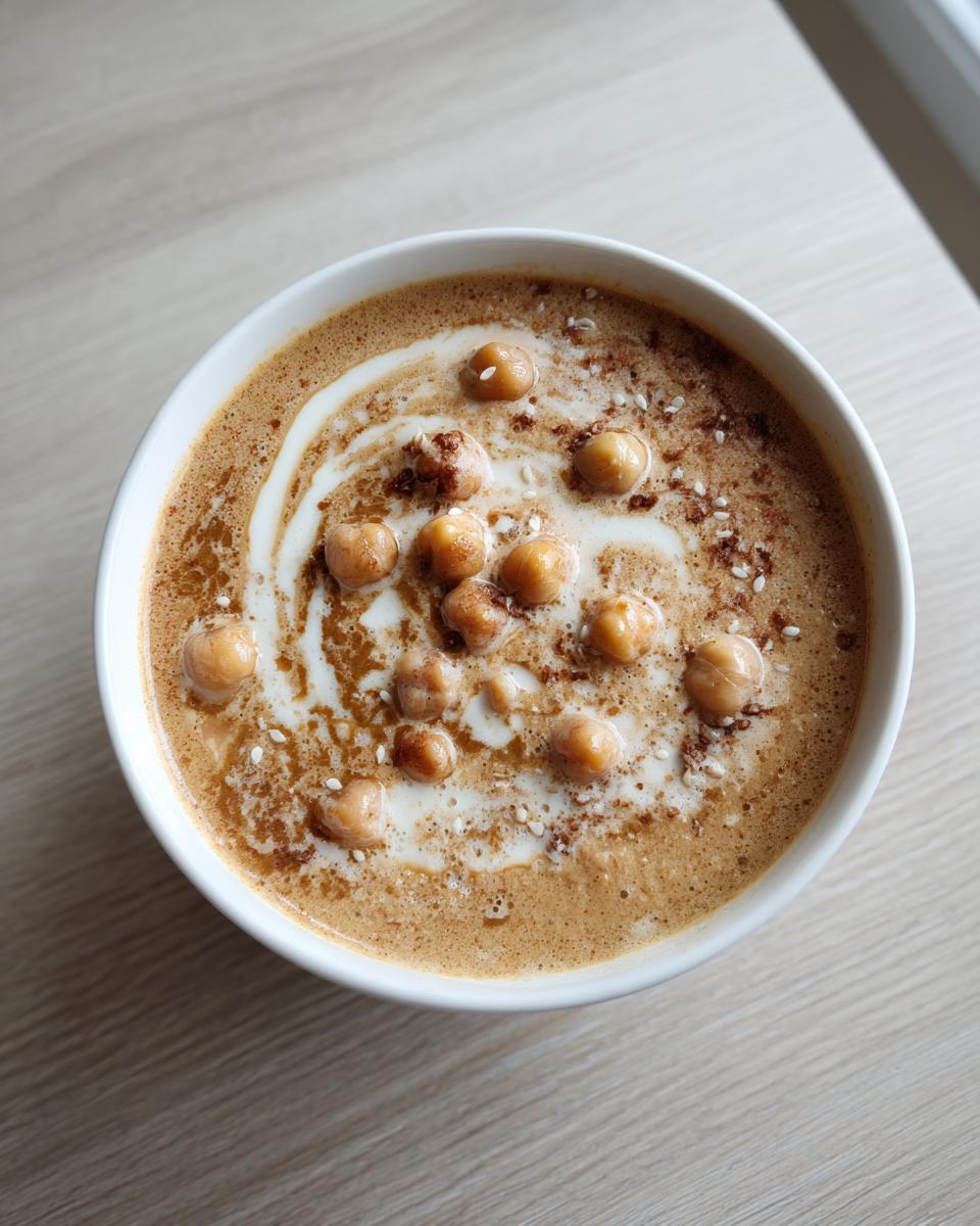 Overhead view of a creamy chickpea soup topped with whole chickpeas, a swirl of cream, and sesame seeds.