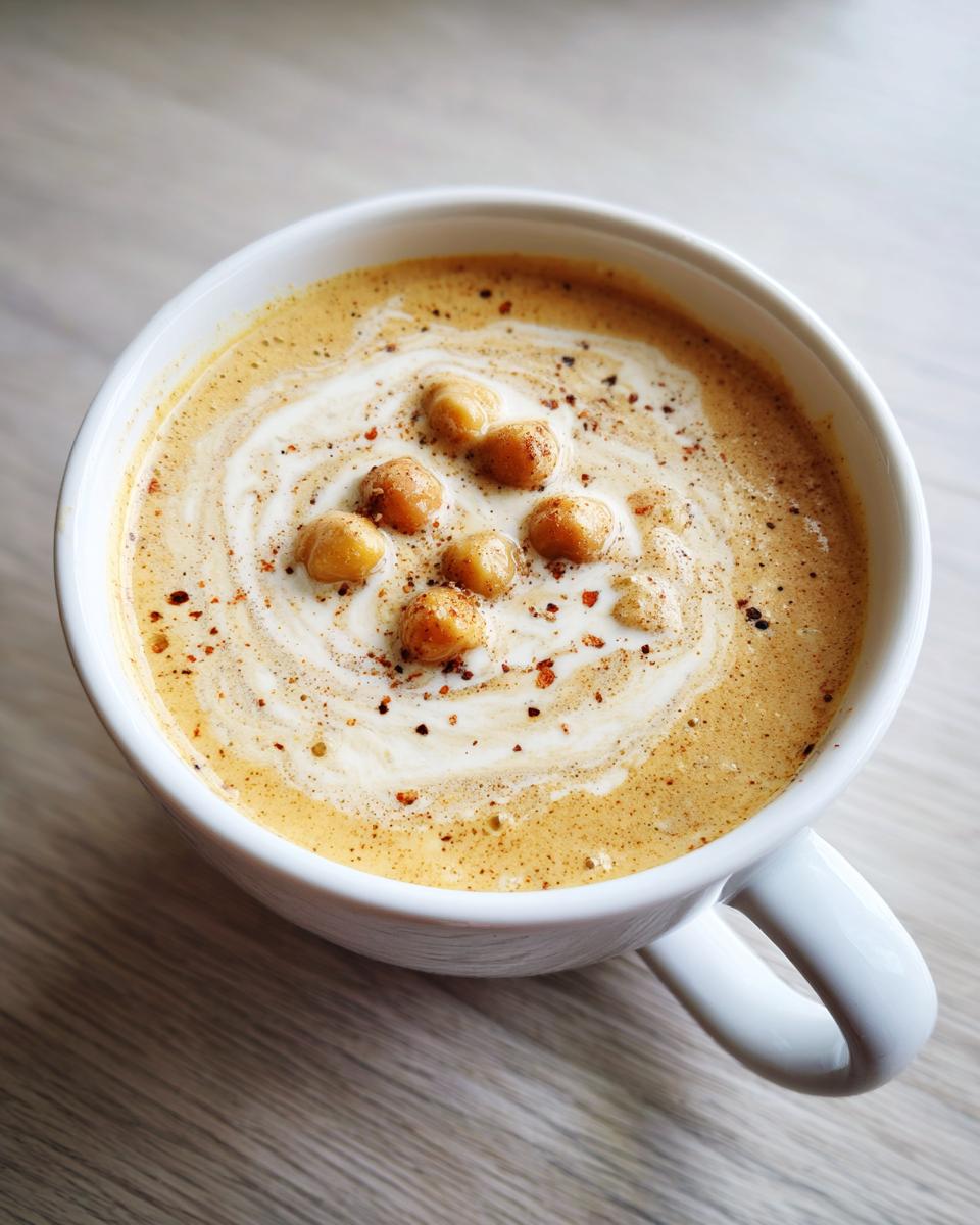 Top-down view of a creamy, spiced chickpea soup garnished with whole chickpeas and a swirl of cream.