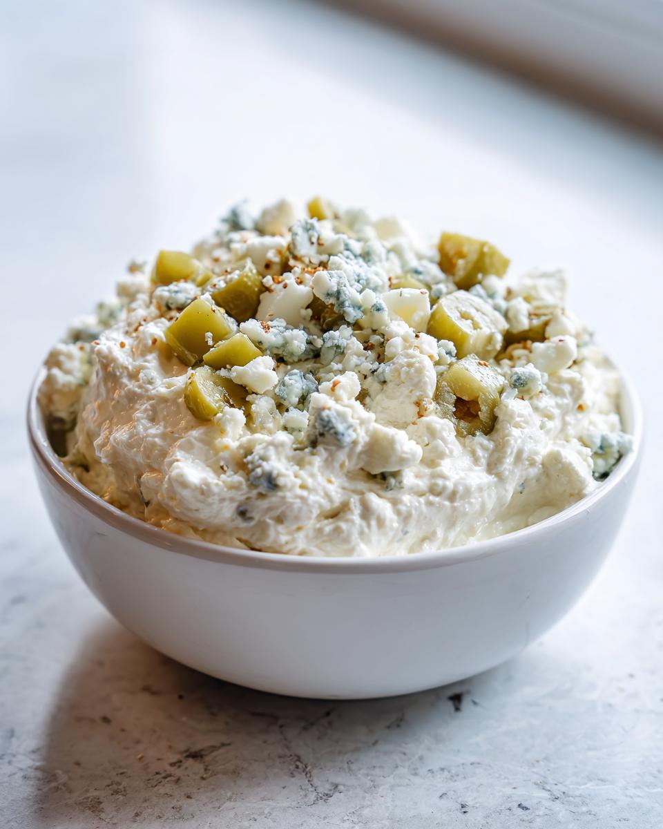A white bowl filled with creamy dirty martini dip, topped generously with blue cheese crumbles and chopped green olives.