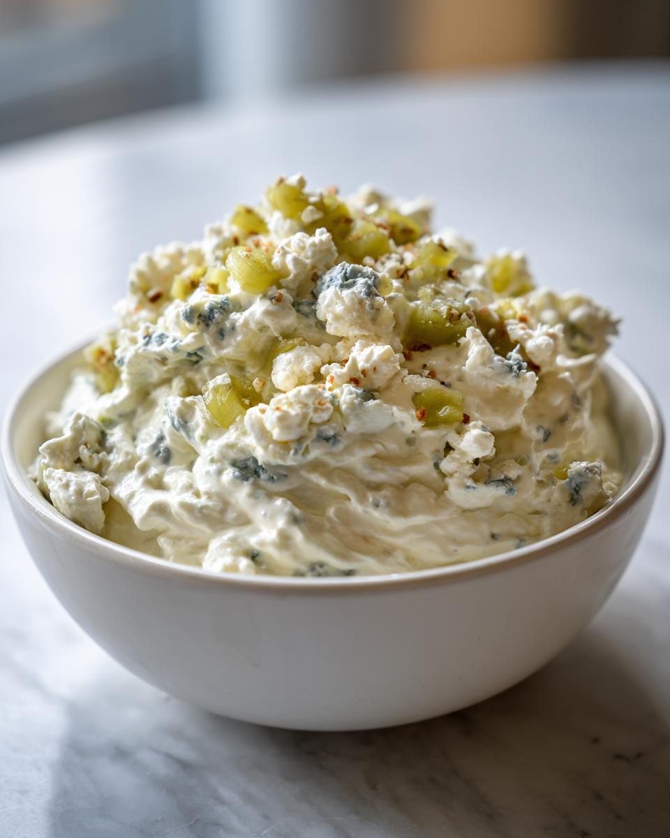 Close-up of a creamy, white dirty martini dip topped with blue cheese crumbles and chopped green olives.