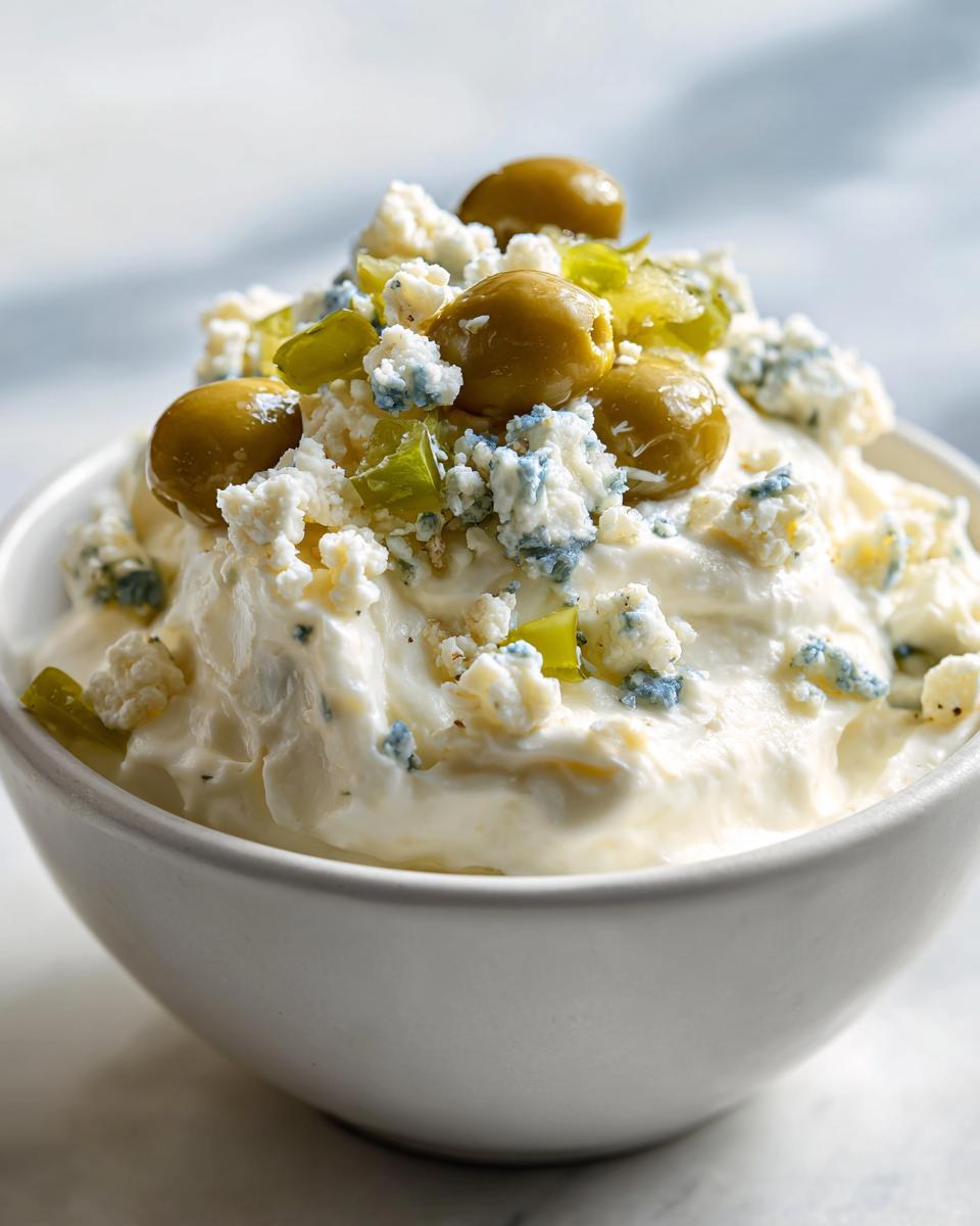 Close-up of a creamy dirty martini dip topped with blue cheese crumbles, green olives, and chopped pimentos.