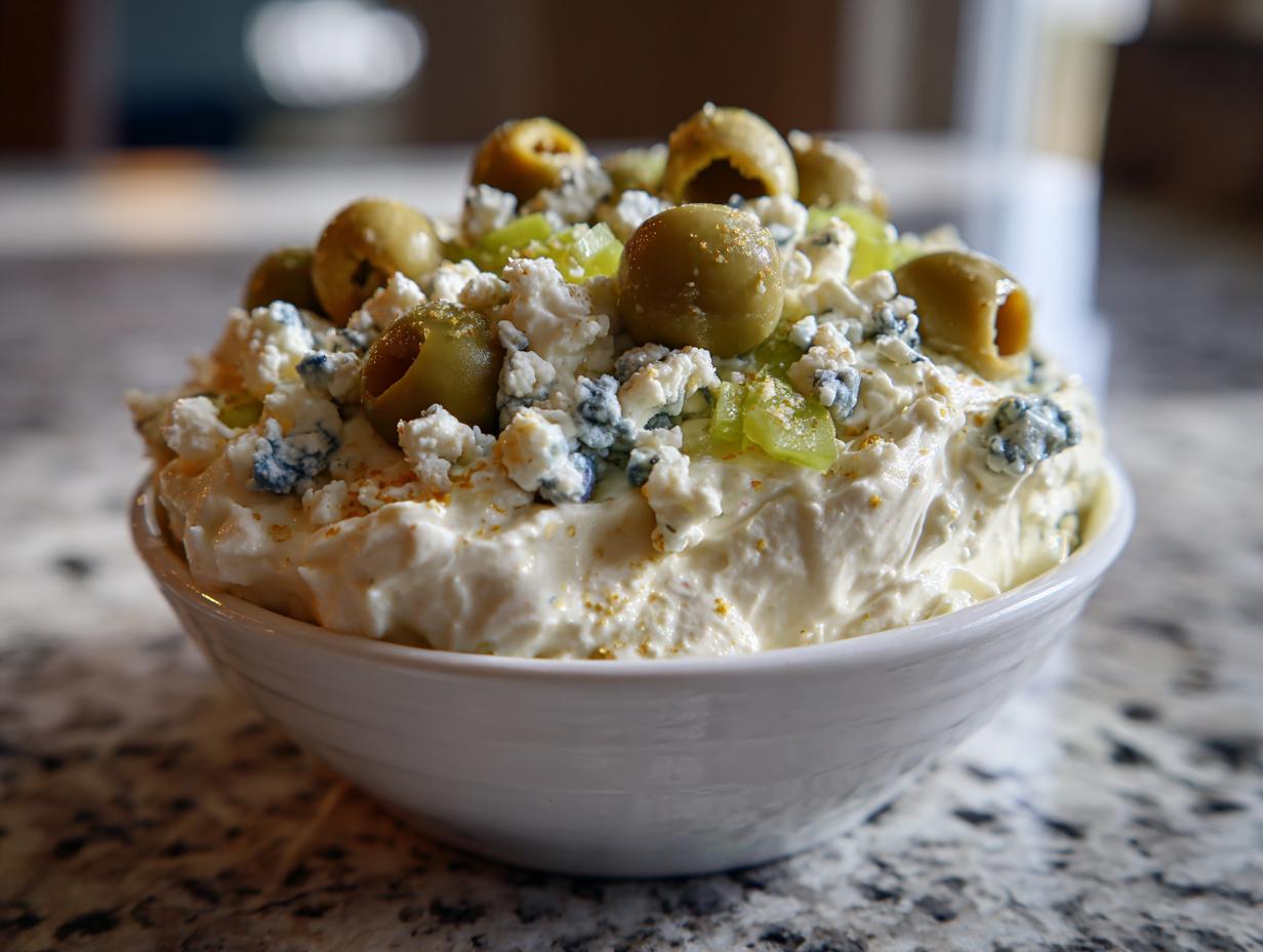 A close-up of a creamy dirty martini dip topped generously with blue cheese crumbles, pimento-stuffed green olives, and olive brine pieces.