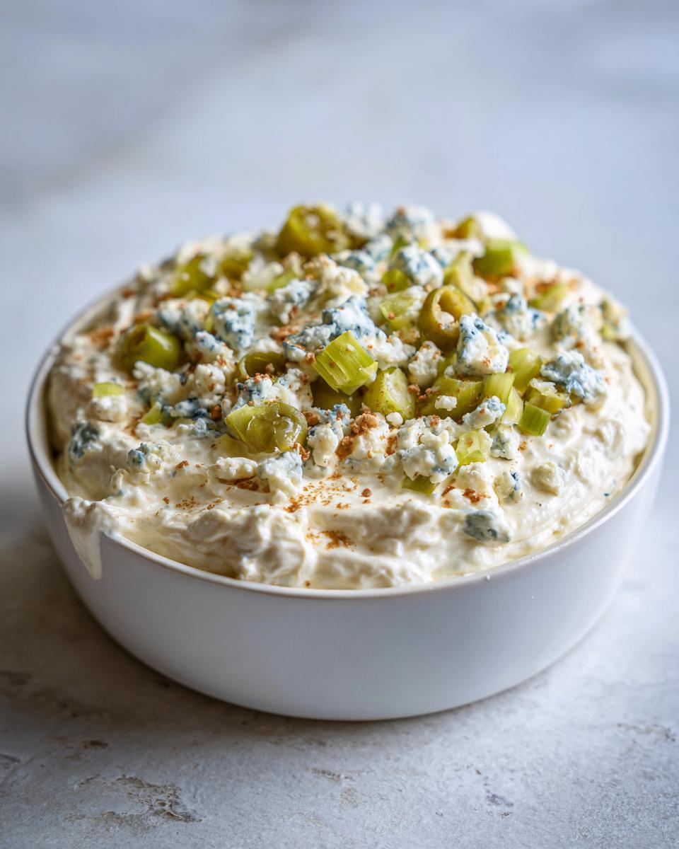 Close-up of a white bowl filled with creamy dirty martini dip, topped with blue cheese crumbles, chopped green olives, and spices.