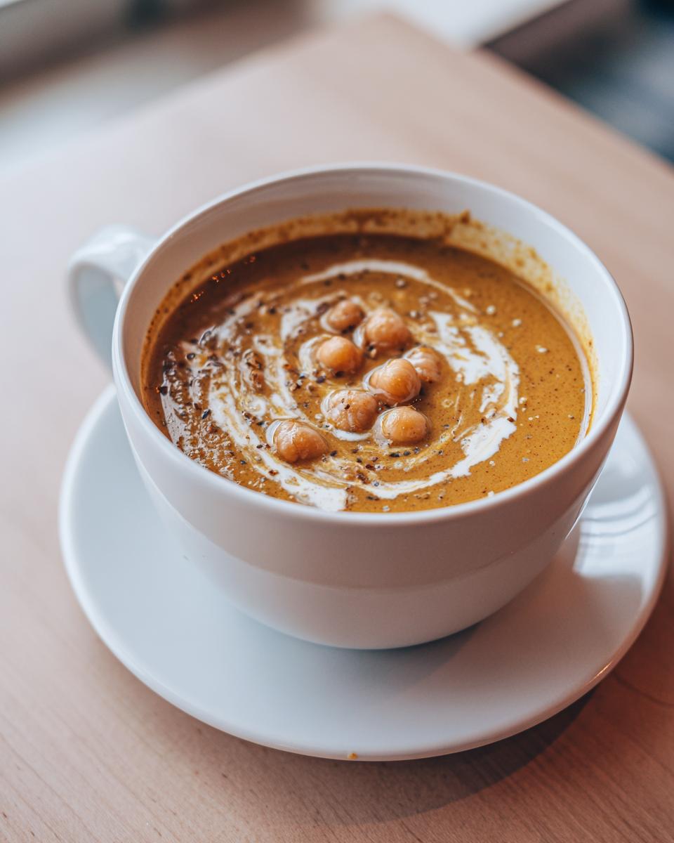 A close-up of a warm bowl of creamy chickpea soup, garnished with whole chickpeas and a swirl of cream.