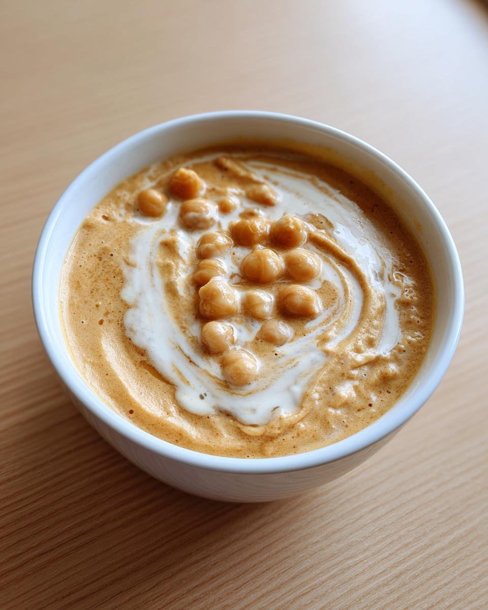 A close-up of a rich, creamy chickpea soup topped with whole chickpeas and a swirl of white cream.