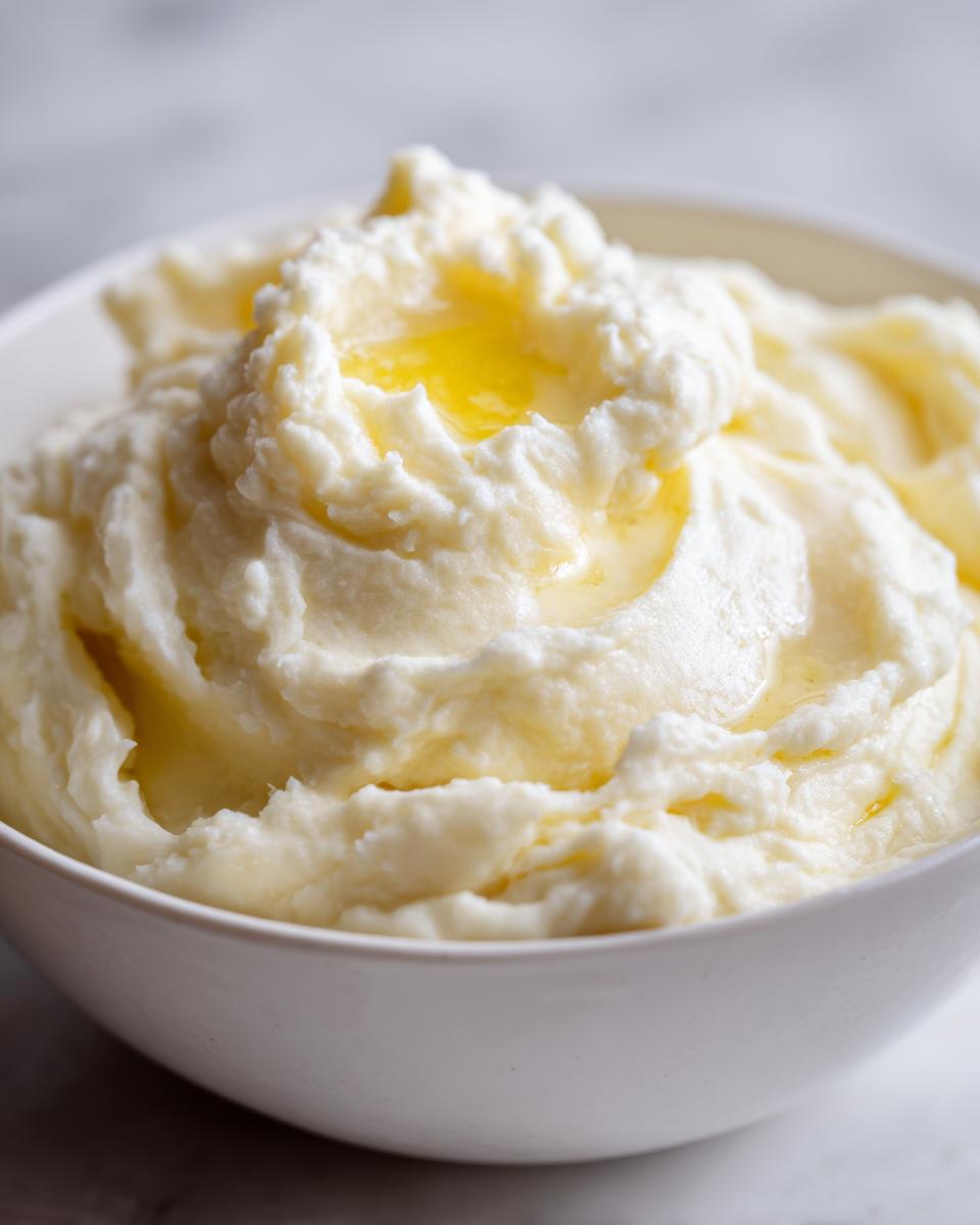 Close-up of a bowl of creamy mashed potatoes topped with melted butter.