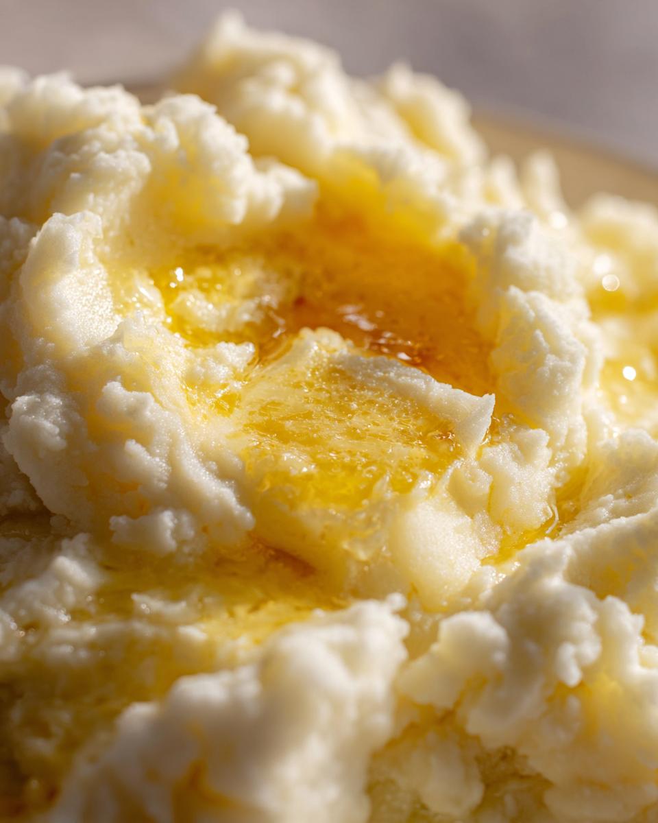 Close-up of fluffy mashed potatoes with a pool of melted butter in the center.
