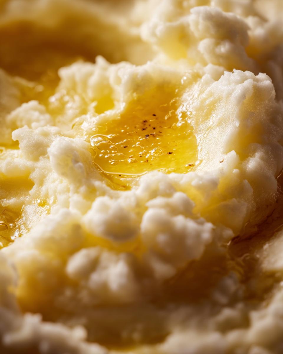 Close-up of fluffy mashed potatoes topped with melted butter and a sprinkle of pepper.