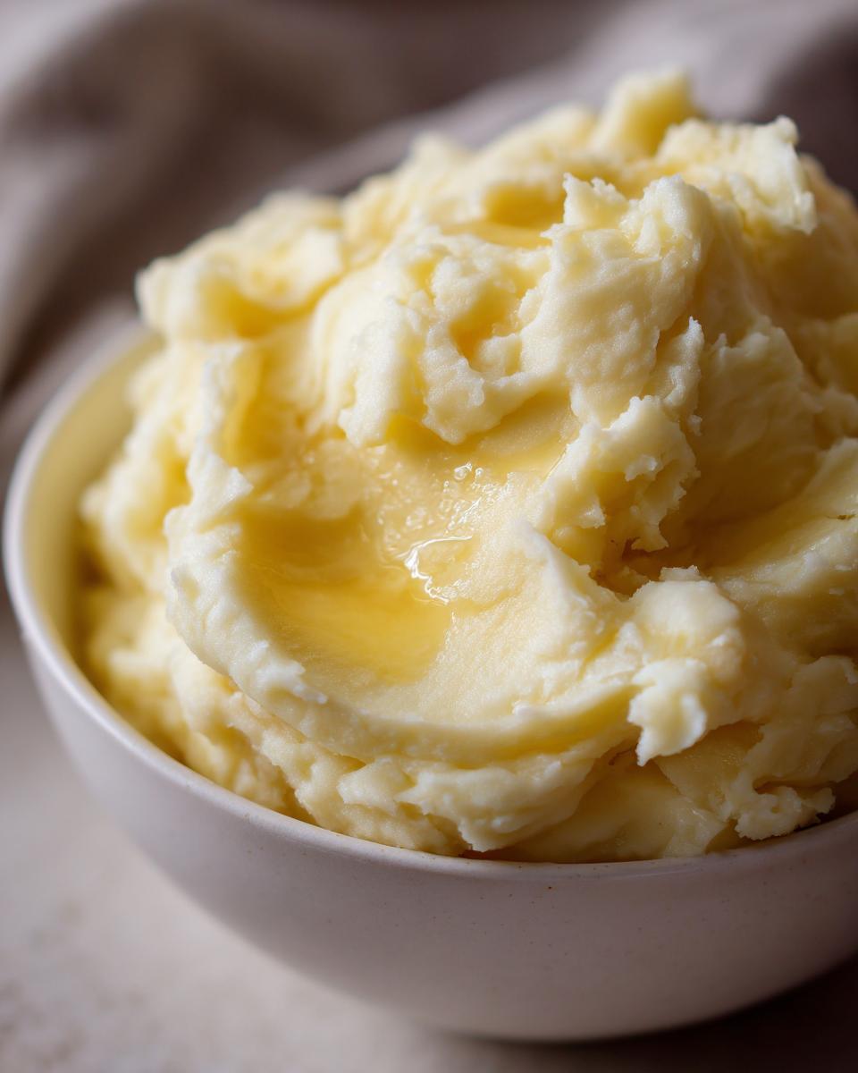 A close-up of a bowl filled with fluffy, creamy mashed potatoes topped with melted butter.