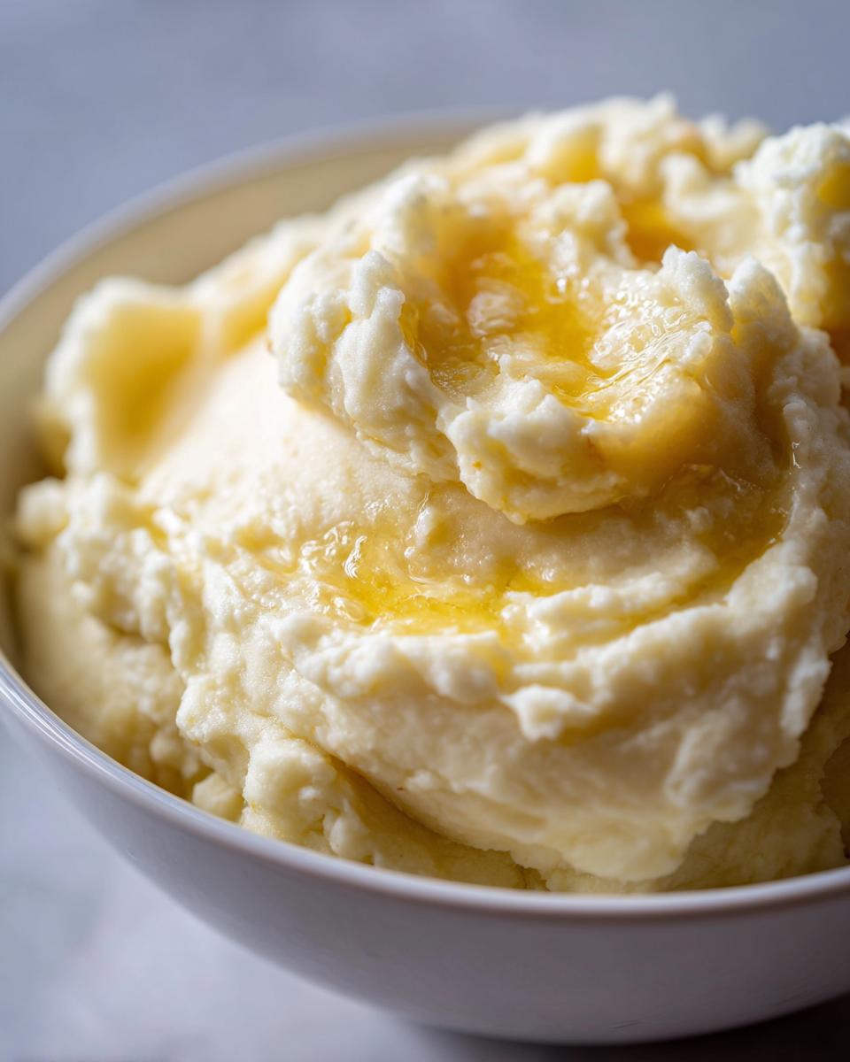 A close-up of a bowl of fluffy, creamy mashed potatoes topped with melted butter.