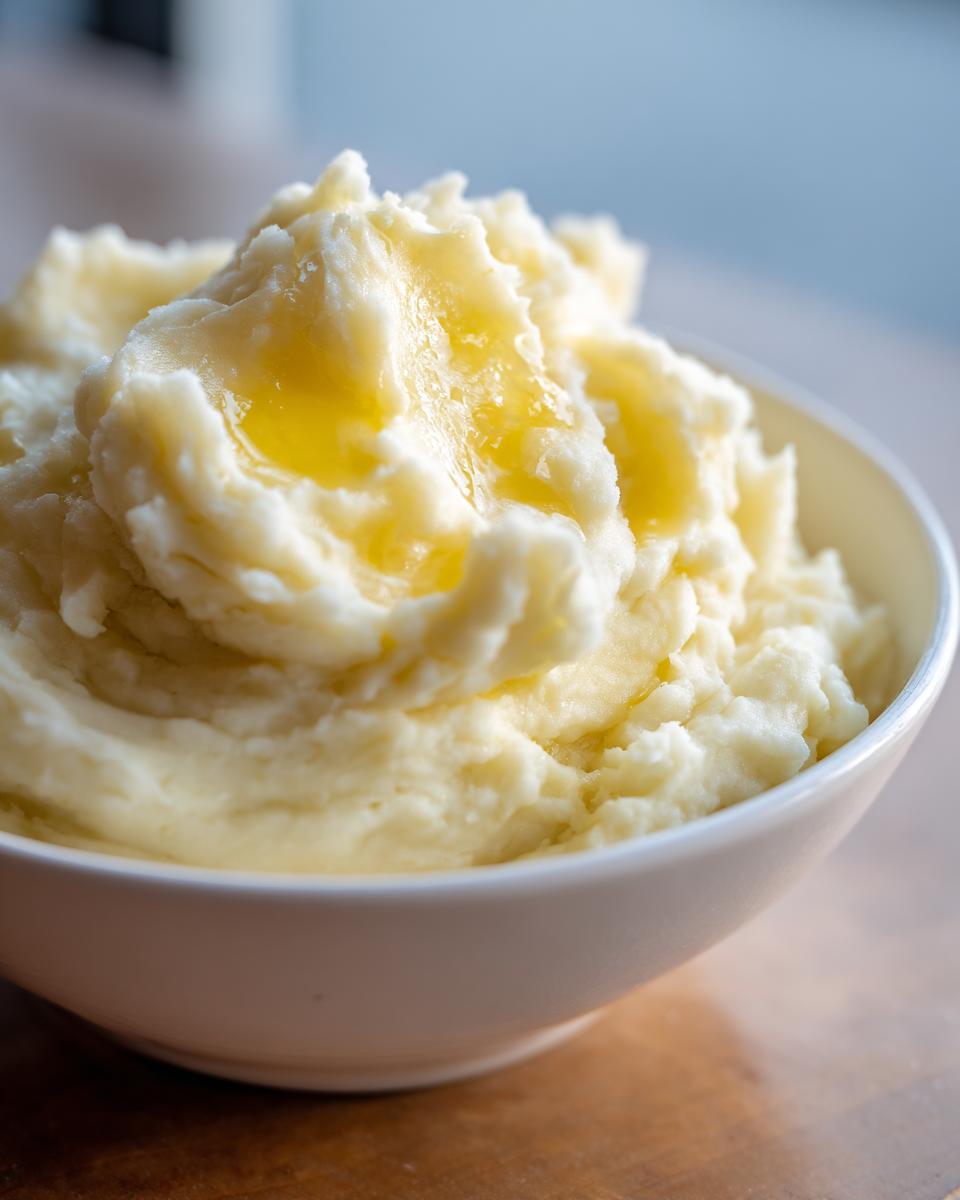 A close-up of a bowl of fluffy, creamy mashed potatoes topped with melted butter.