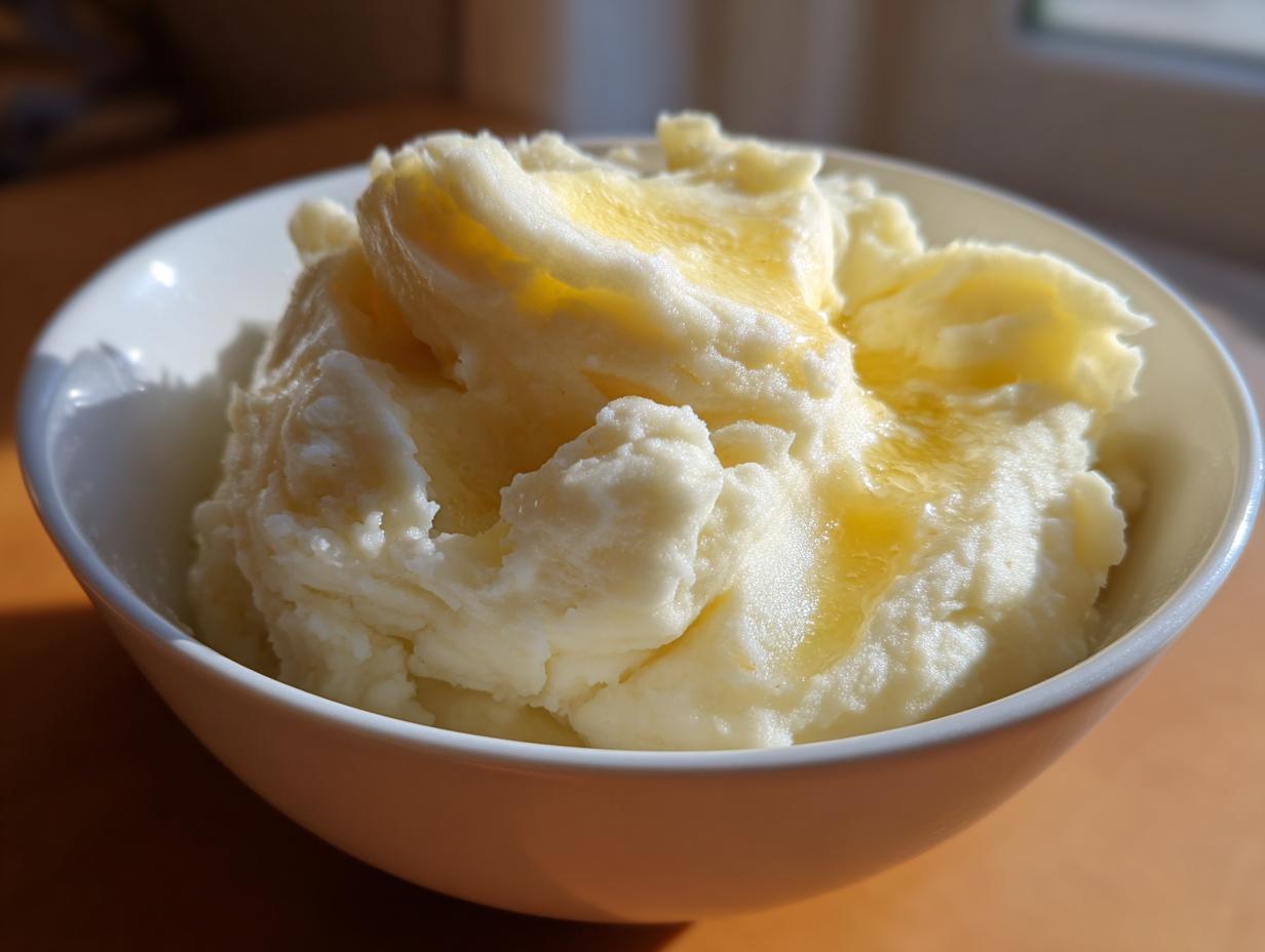 A close-up shot of a bowl of fluffy, creamy mashed potatoes topped with melted butter.