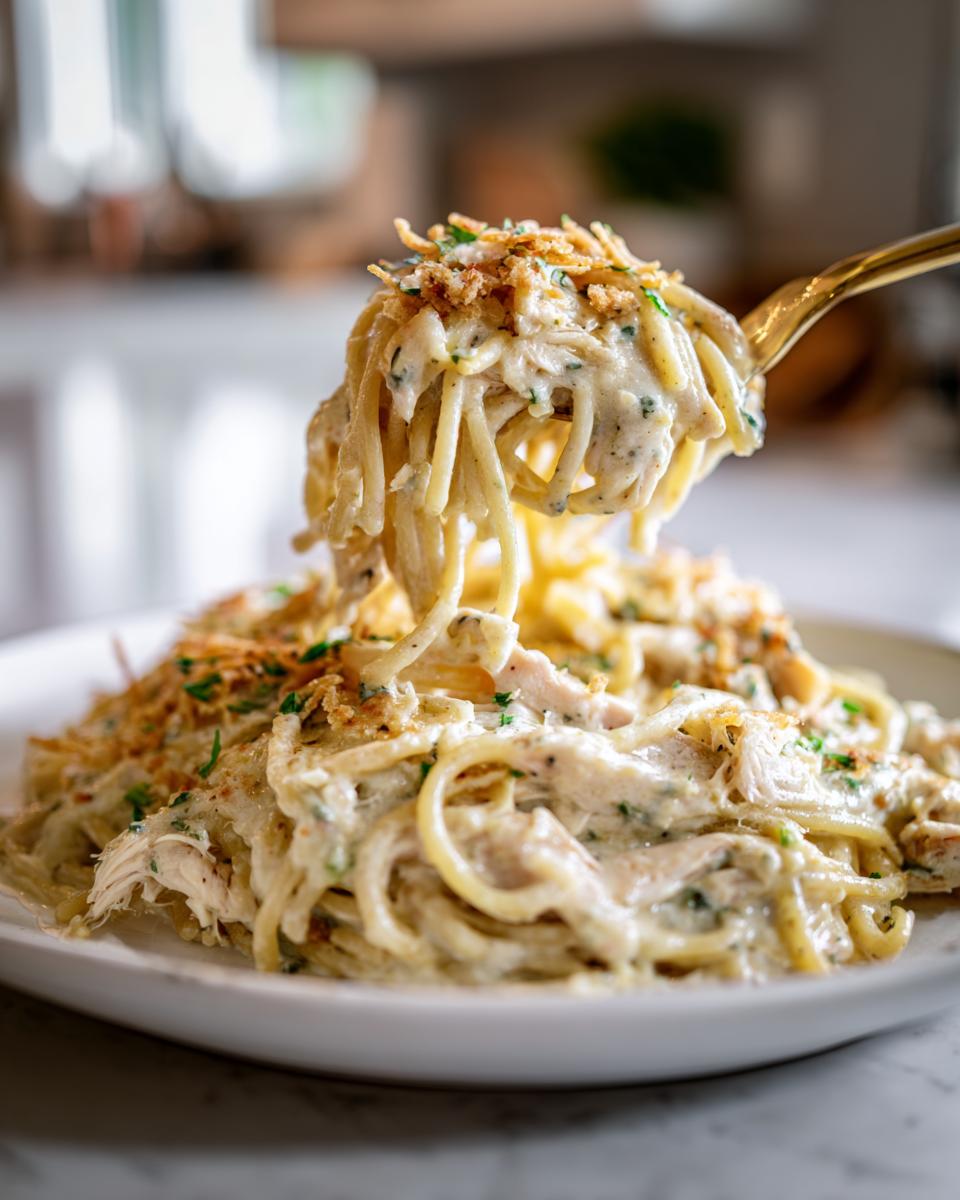 A fork lifting a generous portion of creamy monterey chicken spaghetti topped with crispy onions and parsley.
