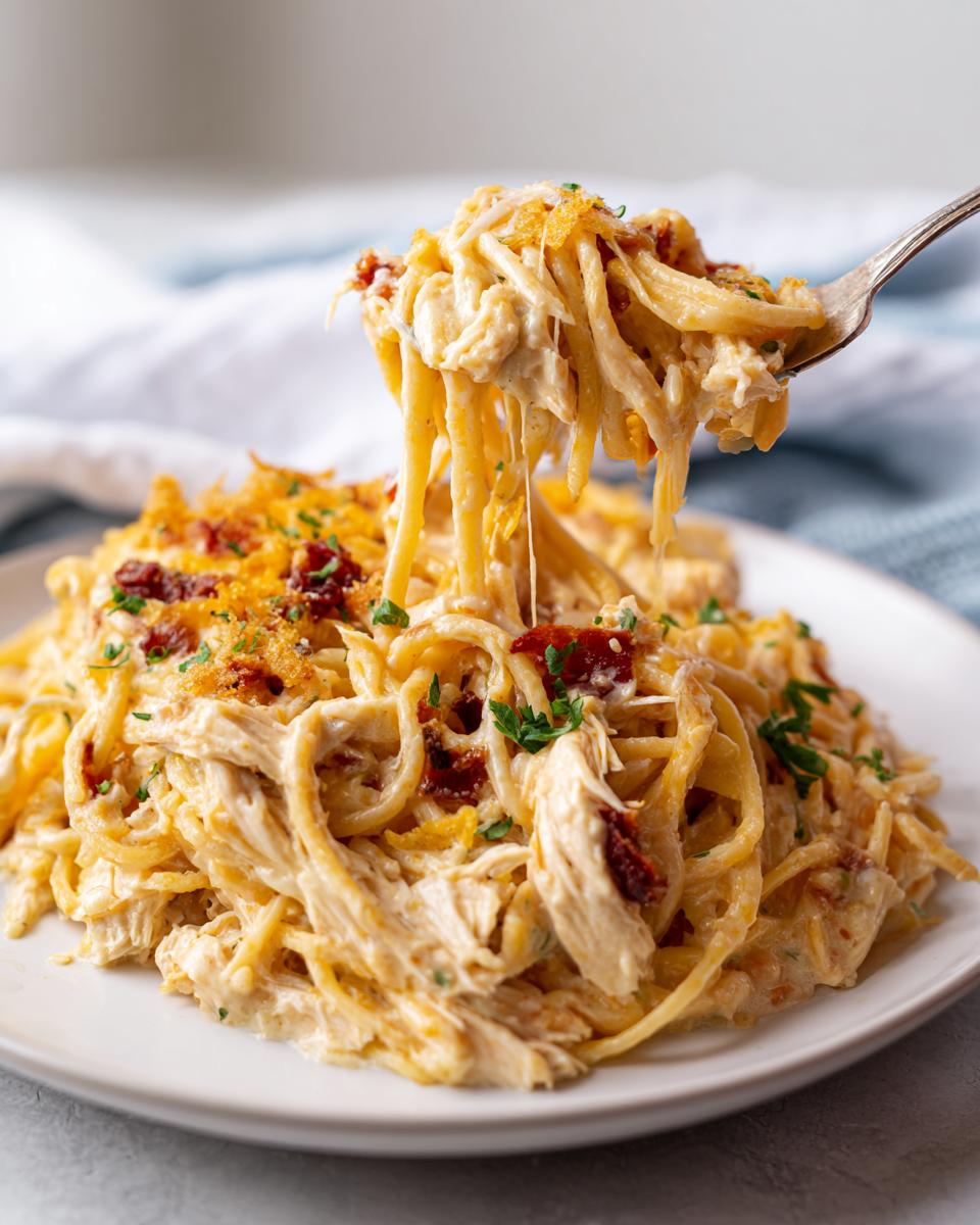 A fork lifts a cheesy, creamy portion of monterey chicken spaghetti, showing stringy cheese and shredded chicken.