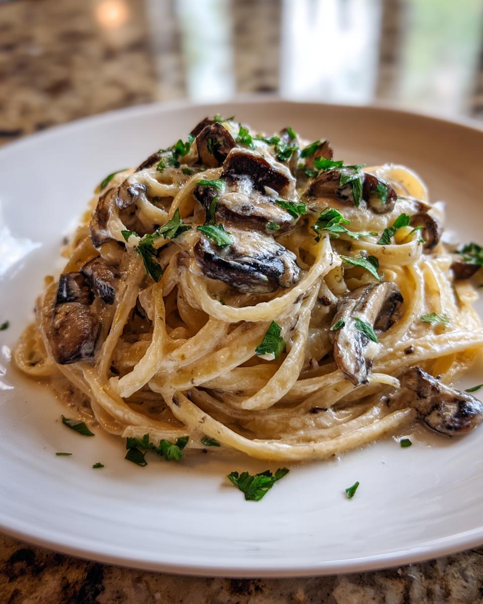 A close-up of creamy mushroom pasta tossed with sautéed mushrooms and topped with fresh parsley.