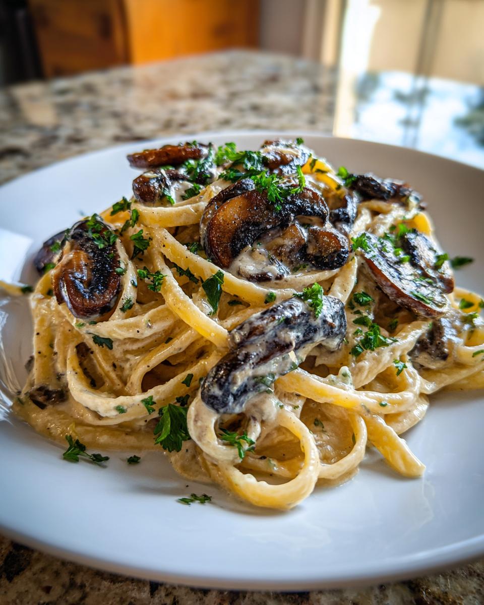 Close-up of creamy mushroom pasta tossed in a rich sauce and topped with sautéed mushrooms and fresh parsley.
