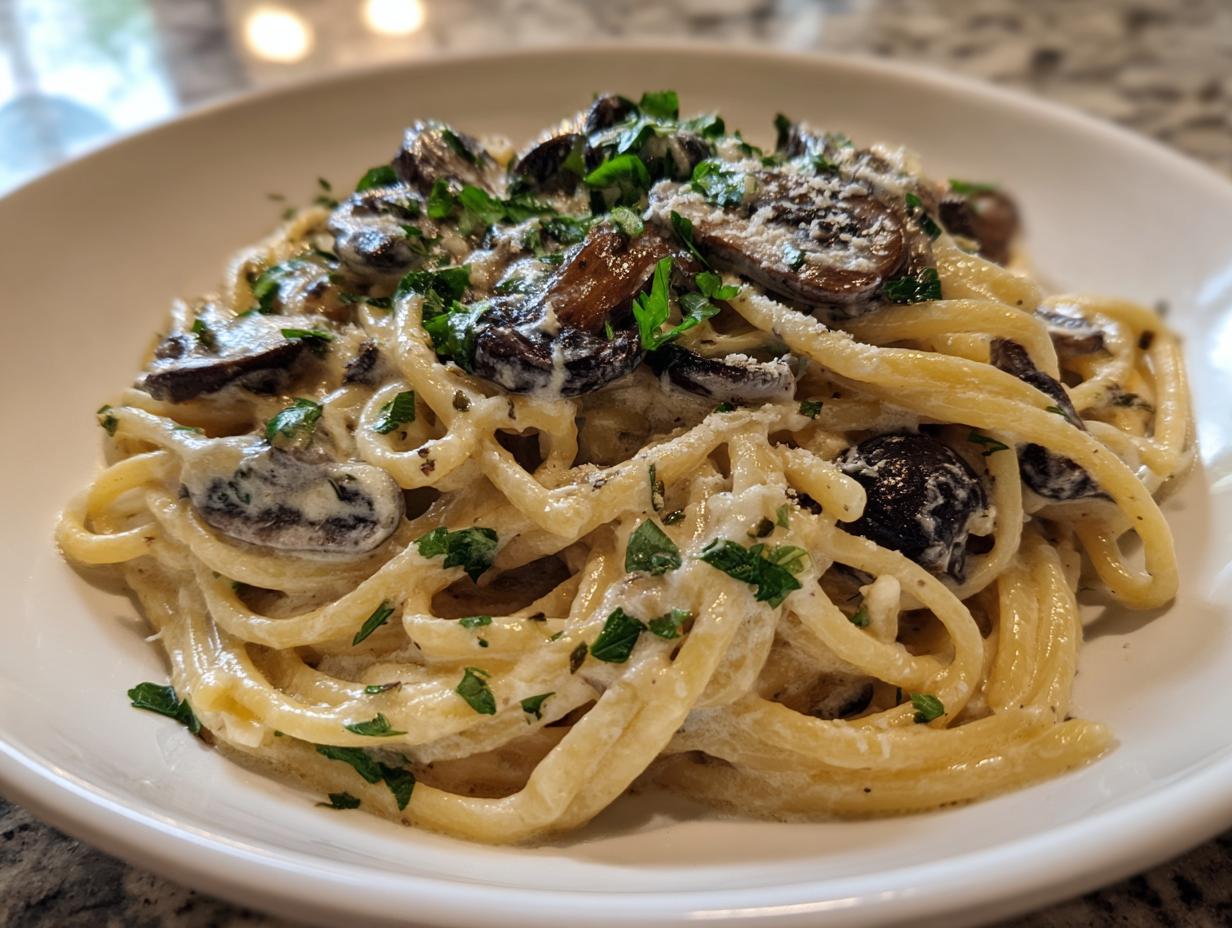 Close-up of creamy mushroom pasta tossed with savory mushrooms, parsley, and parmesan cheese in a white bowl.