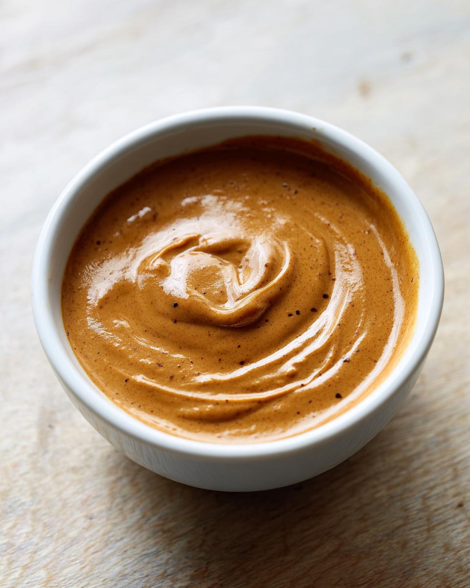 Close-up overhead shot of rich, creamy peanut sauce swirled in a small white bowl.