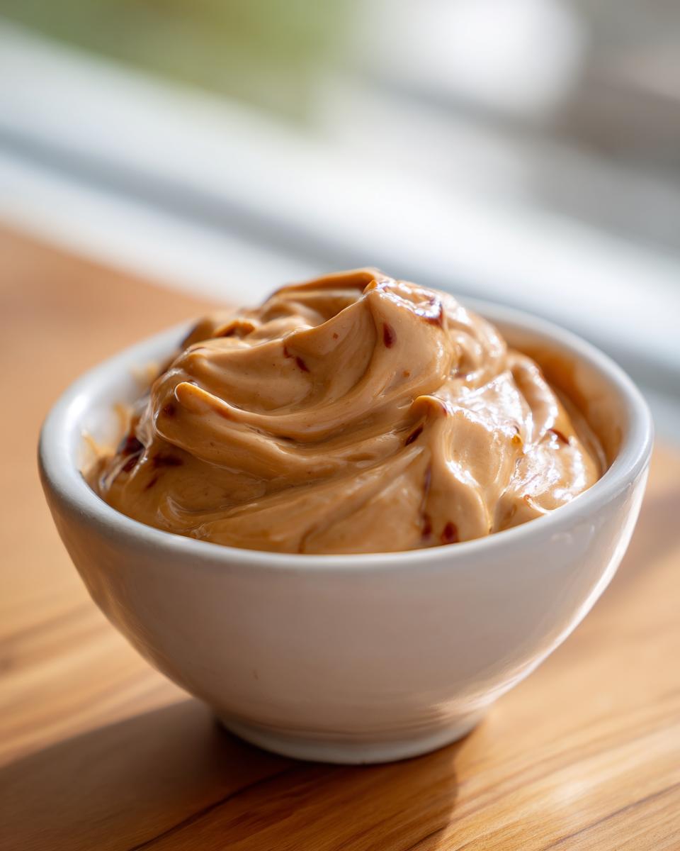 Close-up of thick, creamy peanut sauce swirled high in a small white bowl on a wooden surface.