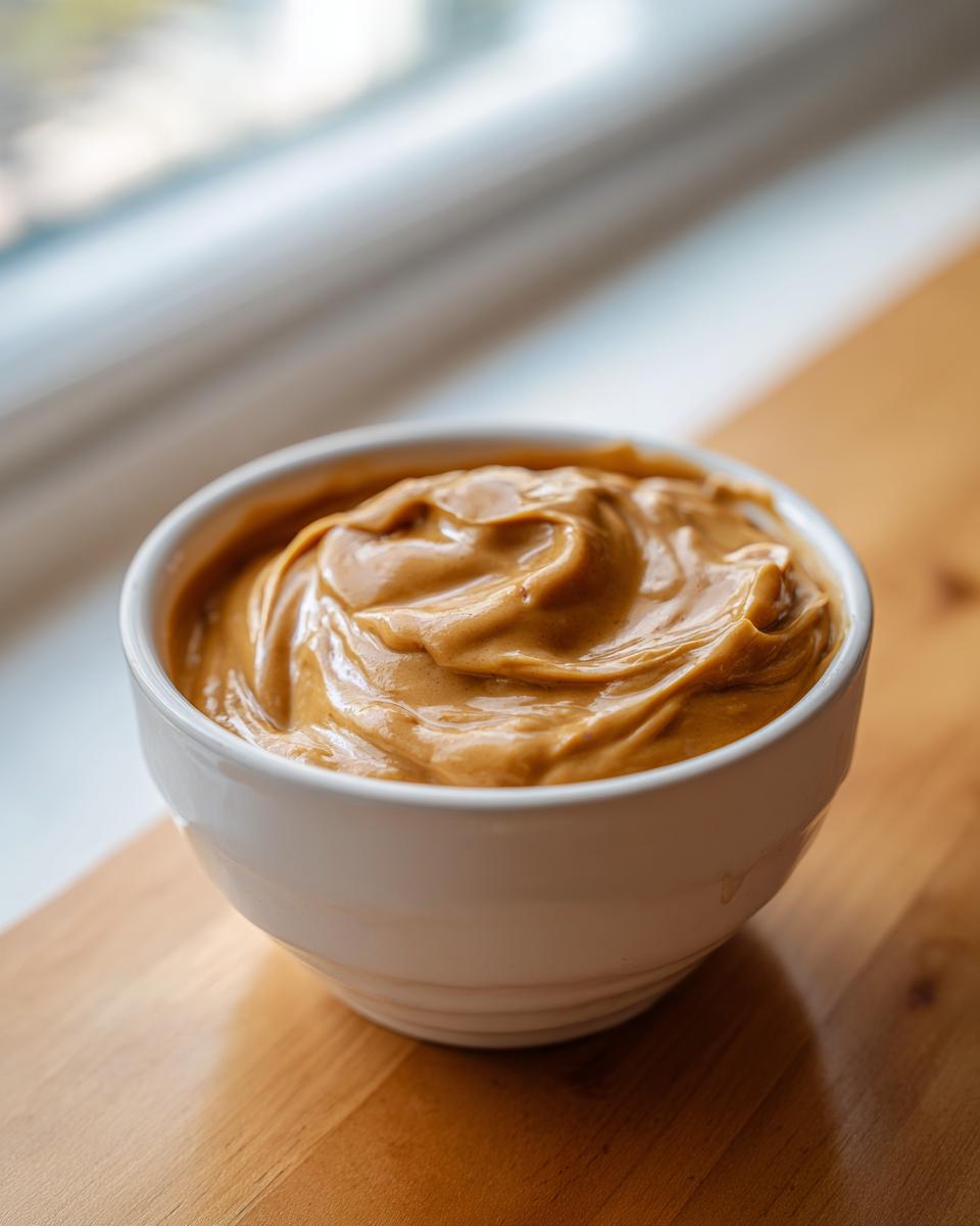 A close-up of thick, creamy peanut sauce swirled in a small white bowl on a wooden surface.