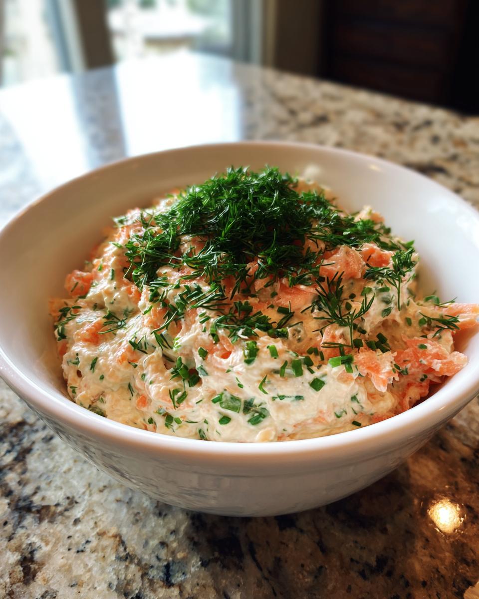 A white bowl filled with creamy salmon dip, garnished generously with fresh dill and chopped chives.