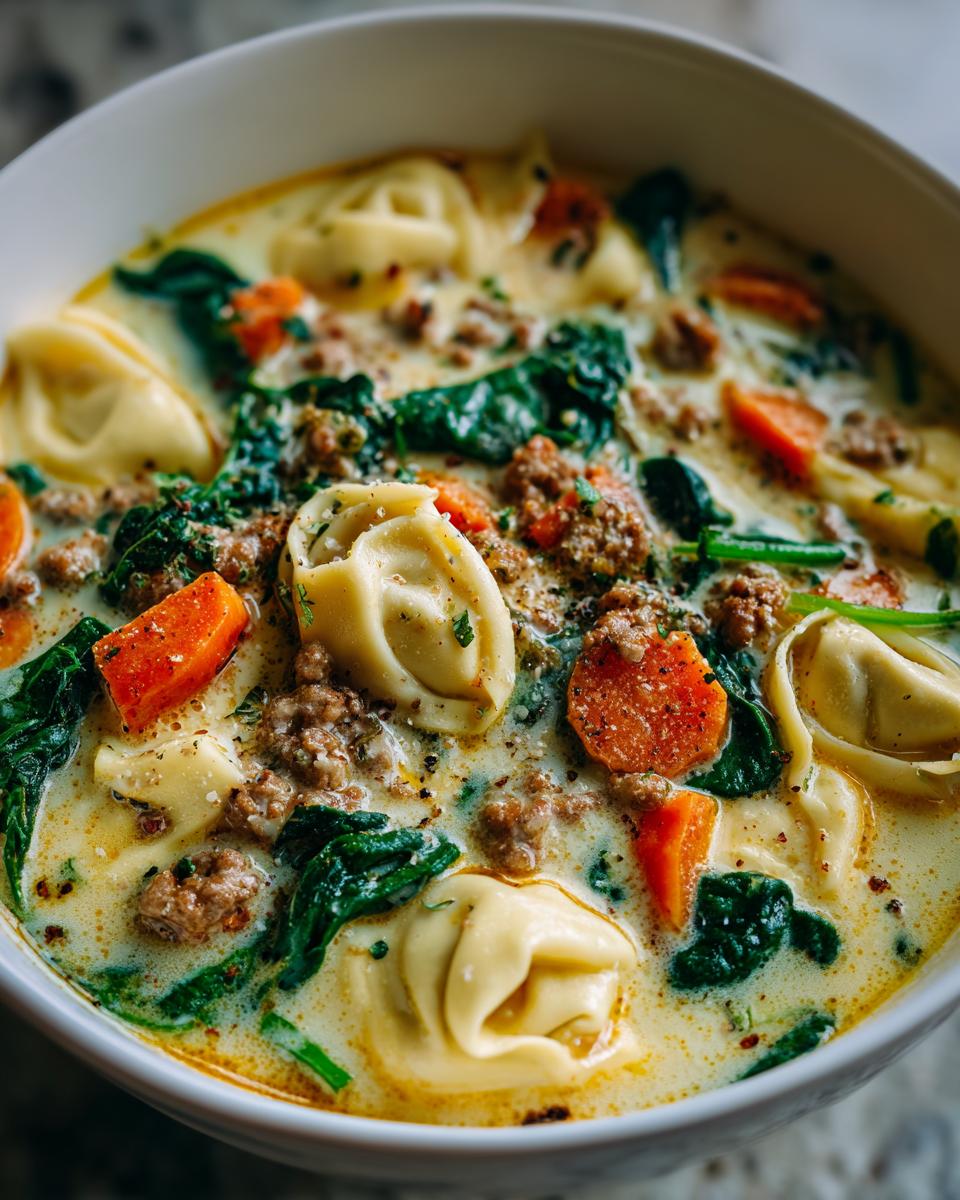 Close-up of a creamy bowl of sausage tortellini soup featuring pasta, ground sausage, bright orange carrots, and dark green spinach.