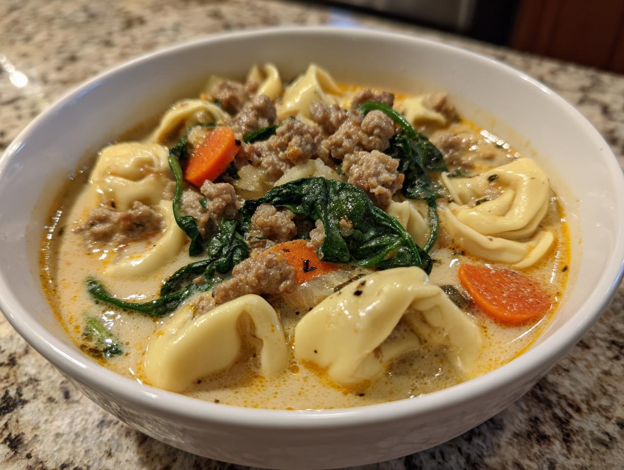 Close-up of creamy sausage tortellini soup featuring tortellini, crumbled sausage, spinach, and carrots in a white bowl.