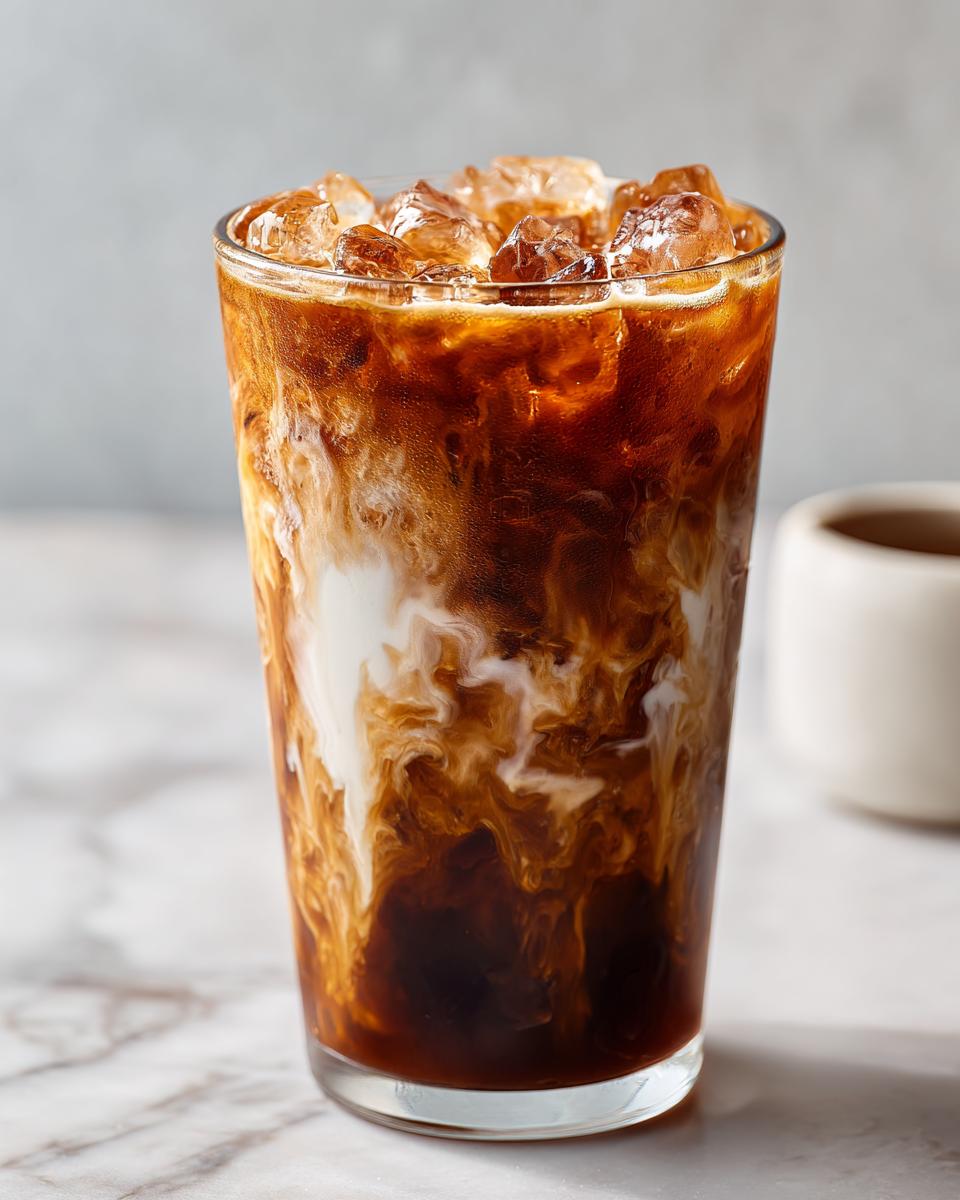 A tall glass filled with New Orleans style crème brûlée iced coffee, showing swirls of cream and dark coffee over ice.