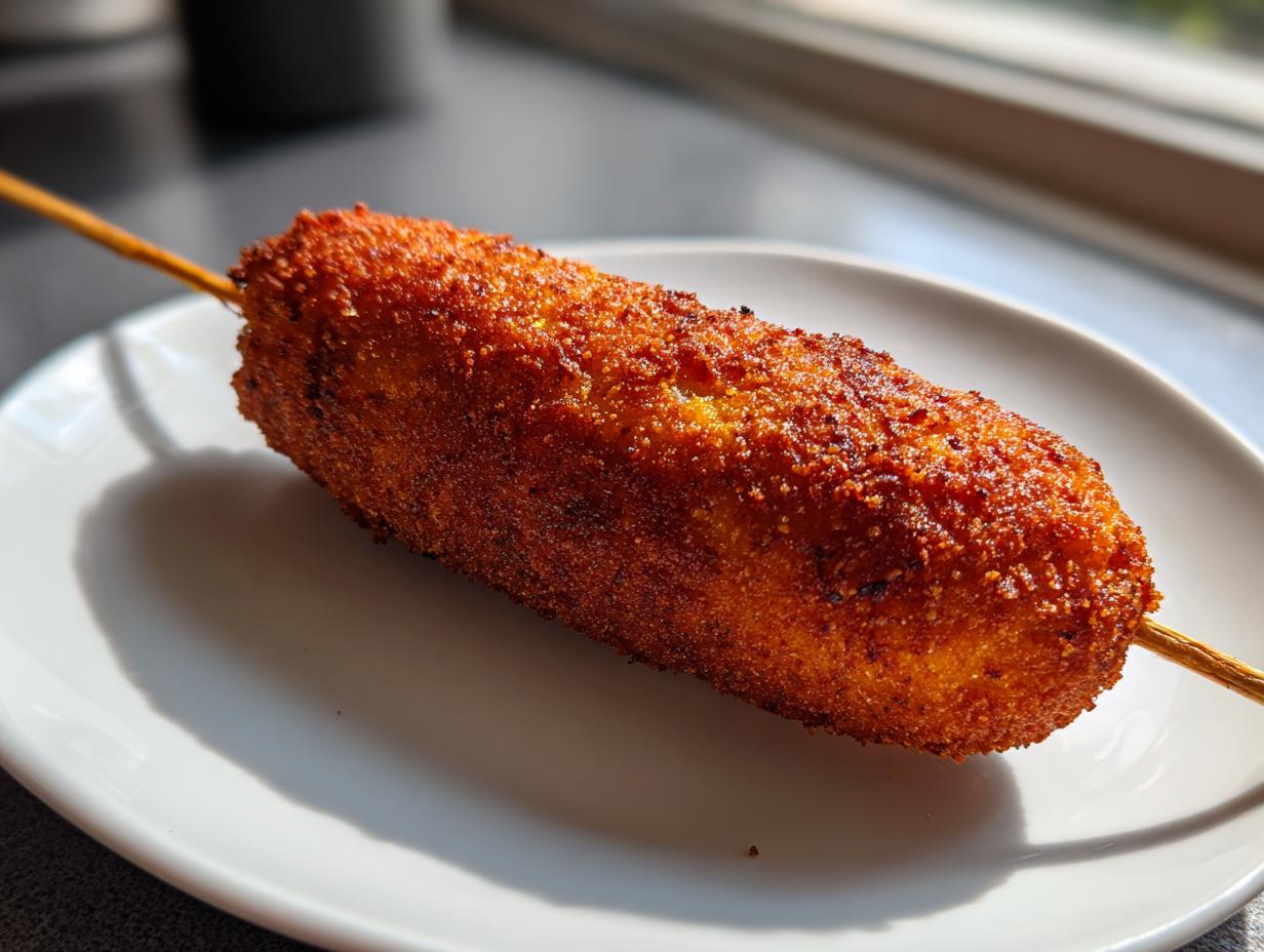 A close-up of a single, perfectly golden-brown and crispy corn dog on a wooden stick resting on a white plate.