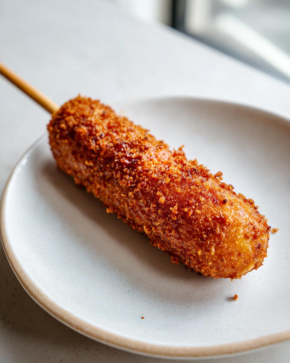A single, perfectly fried, crispy corn dog on a stick resting on a light gray plate.