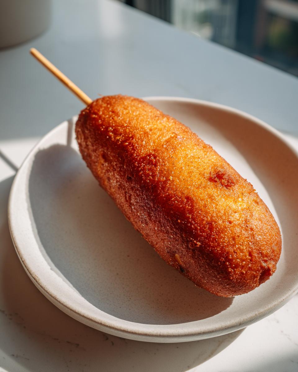 A single, golden-brown, crispy corn dog on a stick resting on a light gray plate.