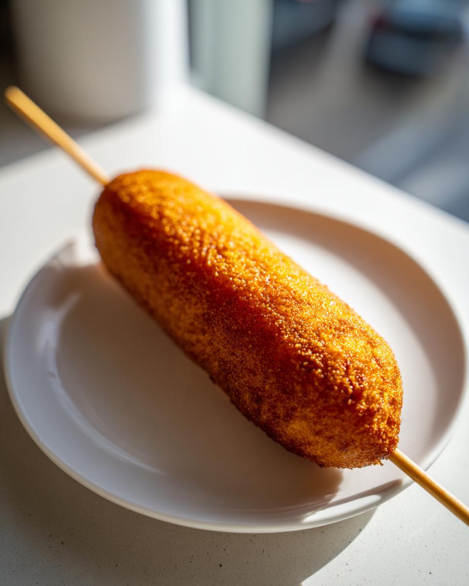 A single, perfectly golden and crispy corn dog on a wooden stick, resting on a white plate.