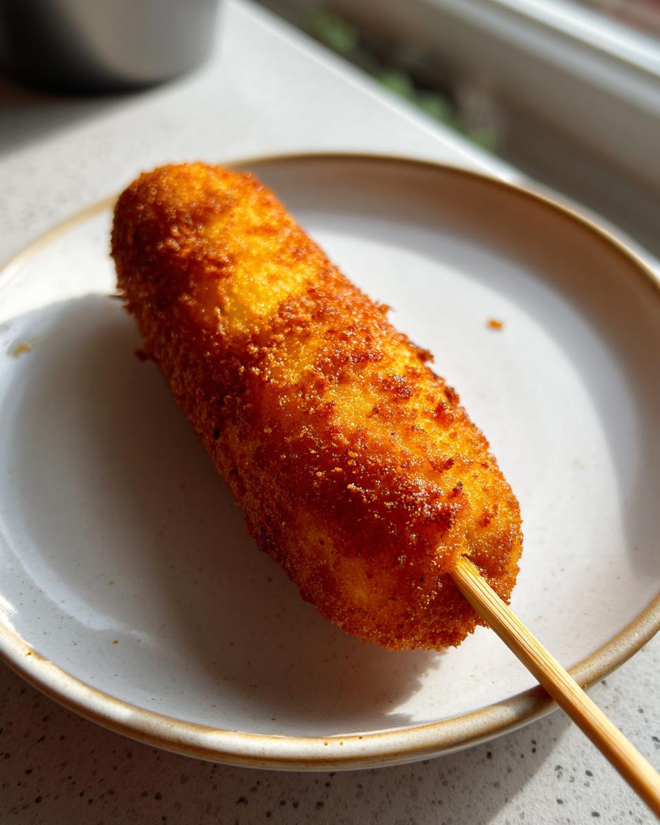 A single, perfectly golden-brown, crispy corn dog served on a light ceramic plate.