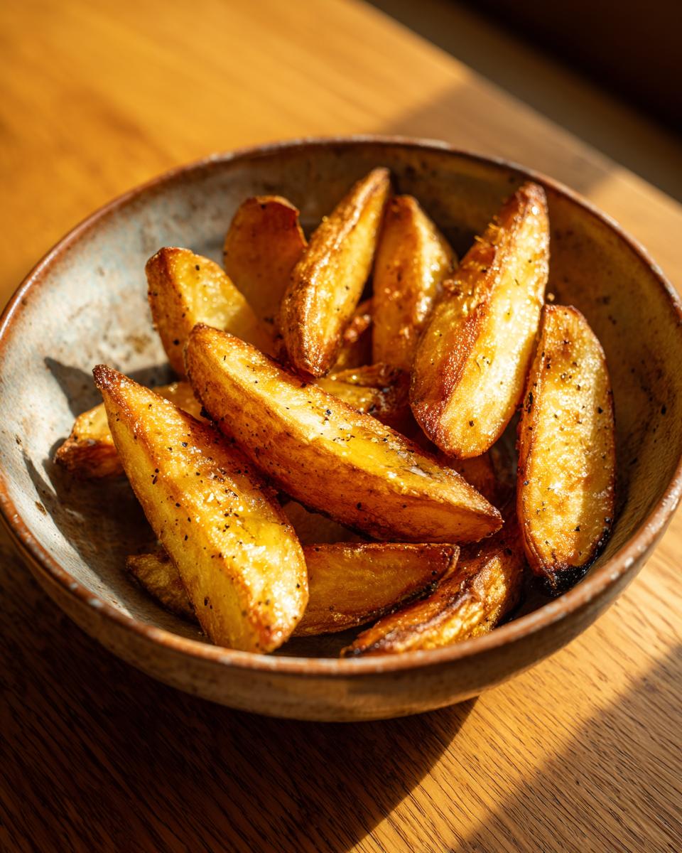 A close-up of a rustic bowl filled with perfectly Crispy Potato Wedges, seasoned with pepper.