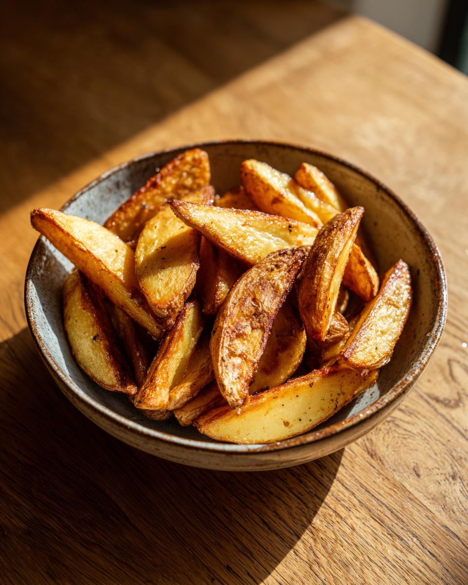A rustic bowl filled with perfectly golden and crispy potato wedges, seasoned with herbs and spices.