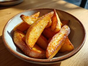 A close-up shot of golden brown, perfectly crispy potato wedges piled high in a rustic bowl.