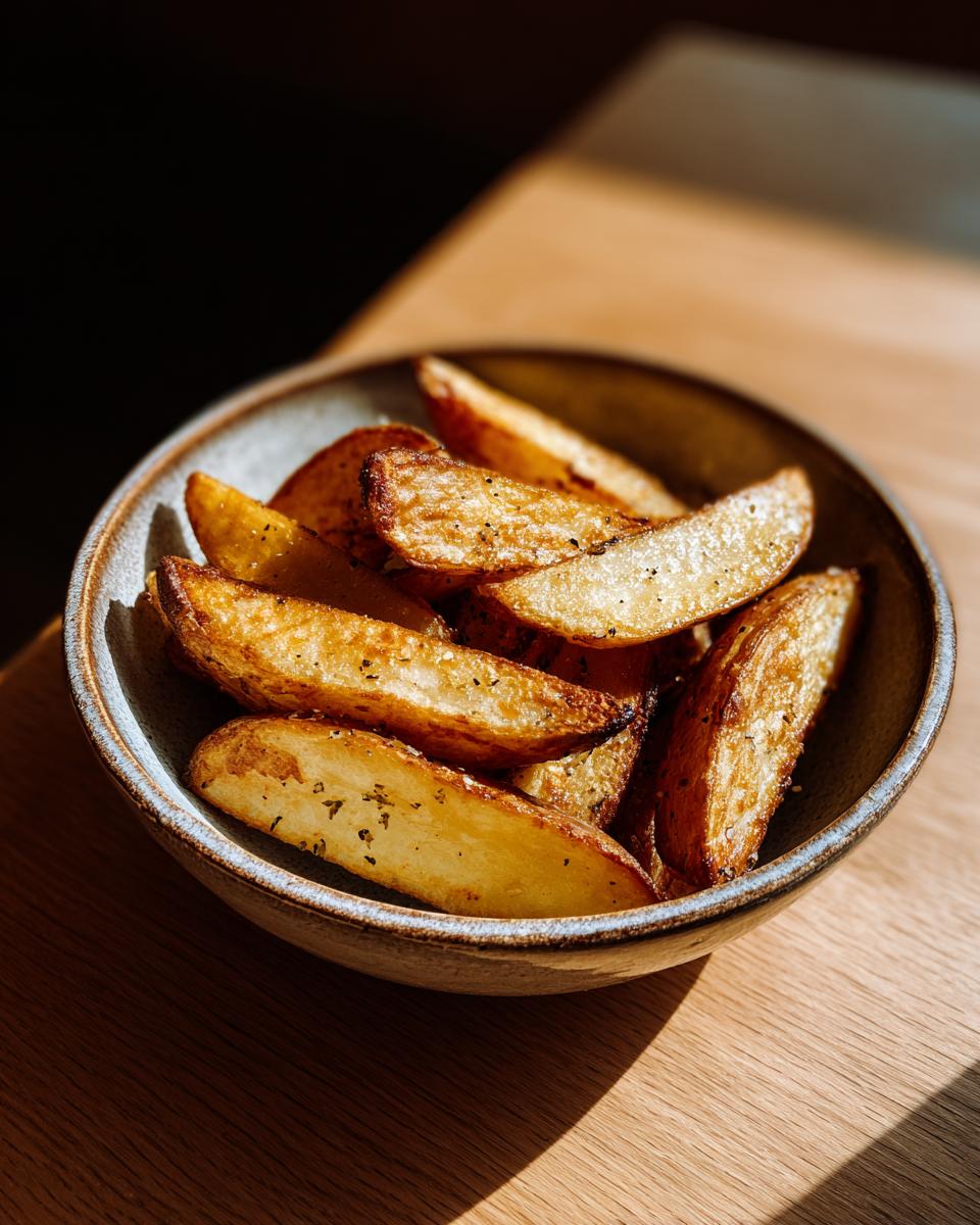 A close-up of a bowl filled with perfectly seasoned and crispy potato wedges.