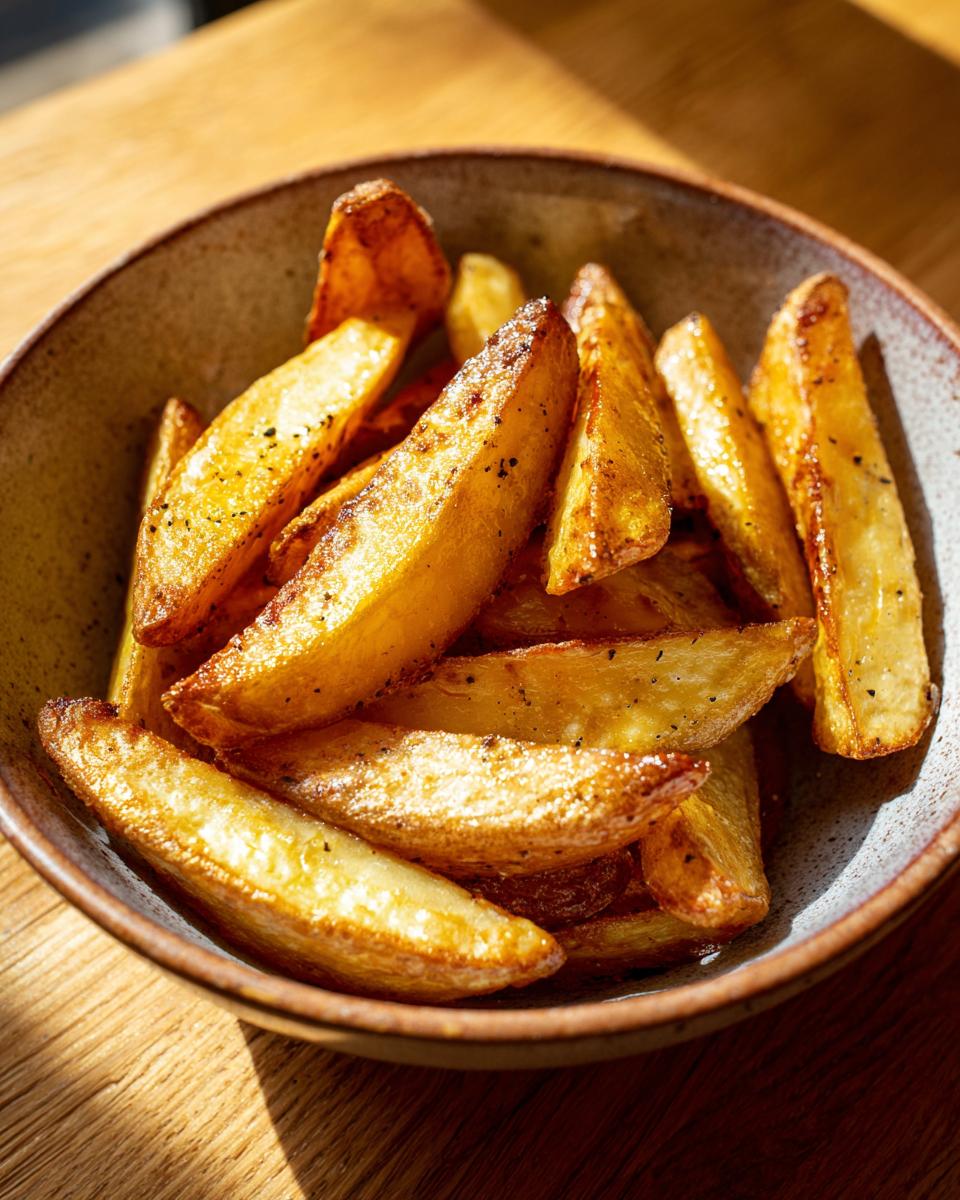 A close-up shot of a bowl filled with perfectly golden and crispy potato wedges, seasoned with black pepper.