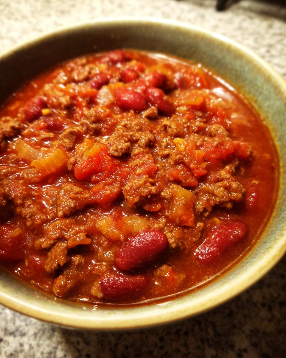 A close-up of a bowl of delicious crock pot chili, featuring ground beef, kidney beans, and tomatoes.