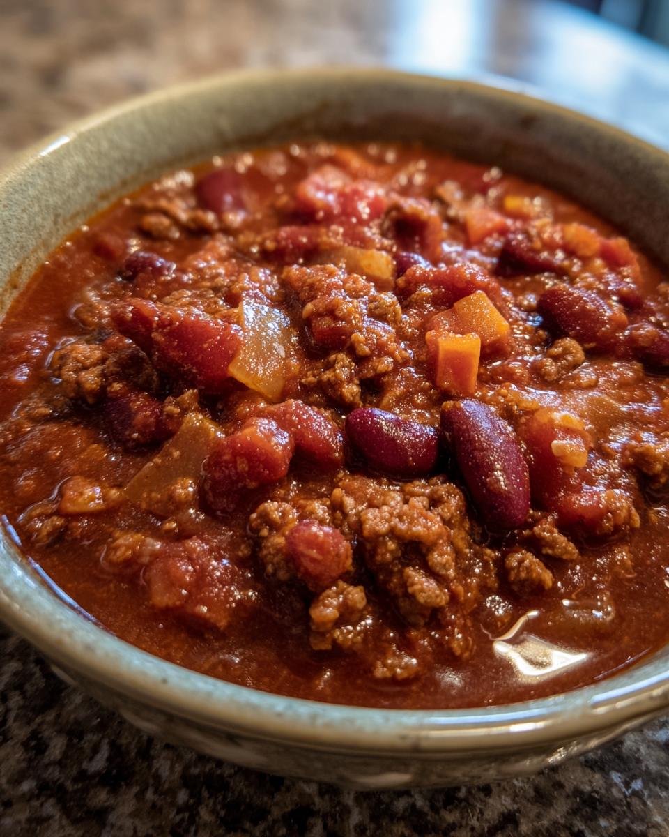 A close-up of a bowl filled with rich and hearty crock pot chili, featuring ground beef, kidney beans, and diced tomatoes.