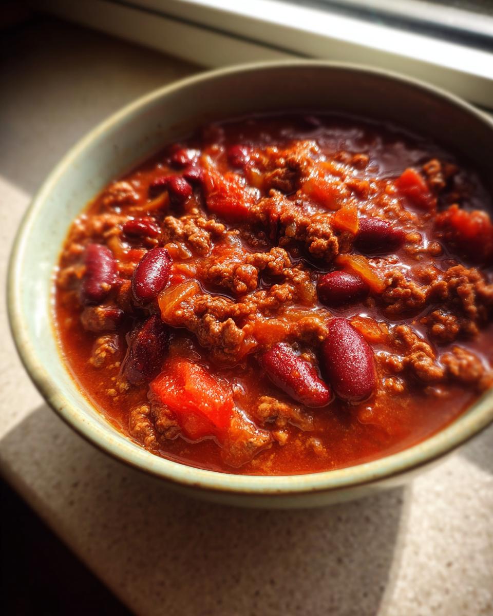 A close-up of a bowl filled with delicious crock pot chili, featuring kidney beans, ground beef, and tomato chunks.