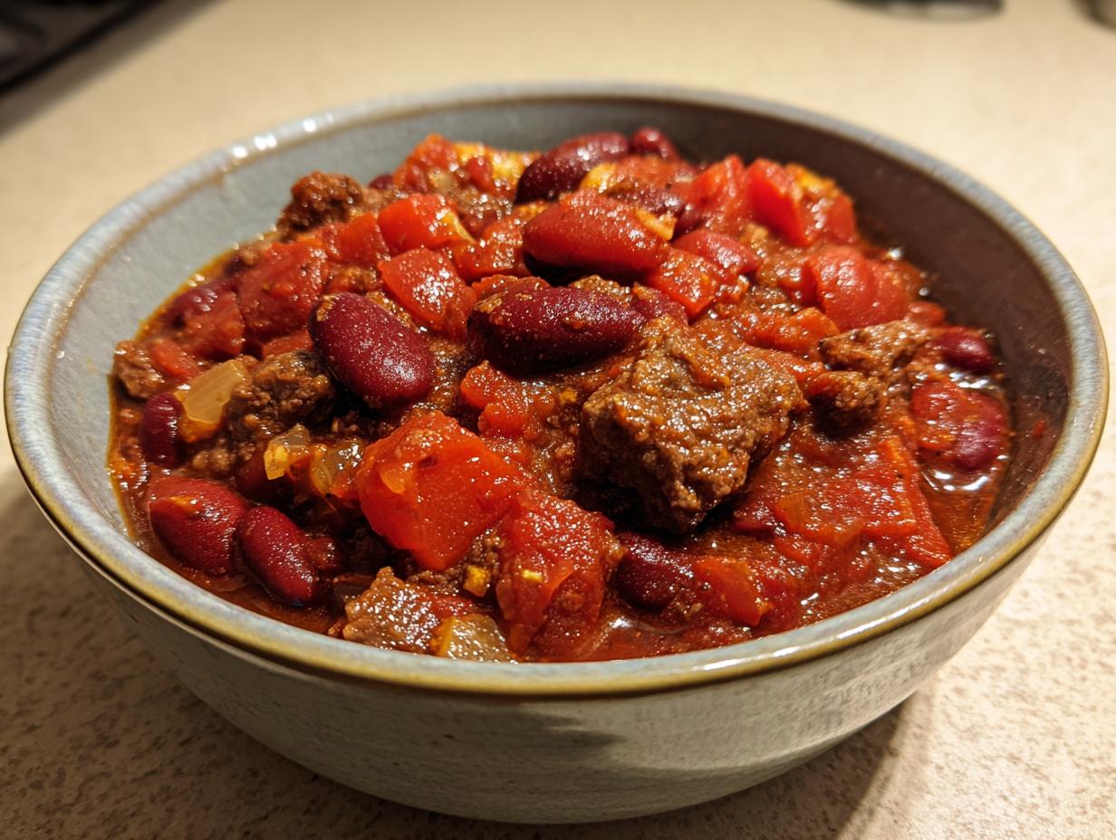 A close-up of a bowl filled with delicious crock pot chili, featuring kidney beans, ground beef, and tomatoes.